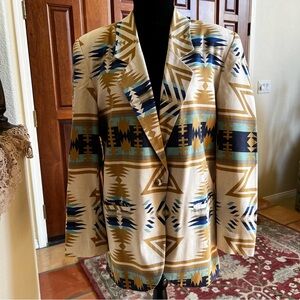 Maurizio Ramani Medium Aztec Western Blazer Linen Blend Neutral Turquoise Sz S